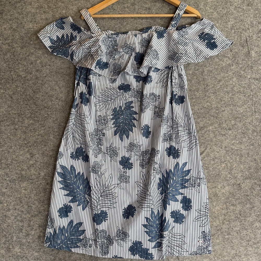 Tommy Hilfiger Dress Womens L Blue Striped Floral Off Shoulder Ruffle Sundress